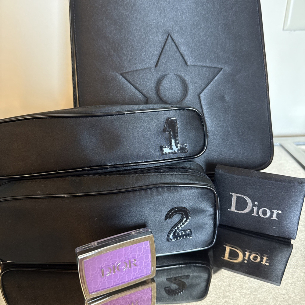 Christian Dior Rosy Glow Cheek Pink Glow 4pc Black Satin Cosmetic Set Vintage